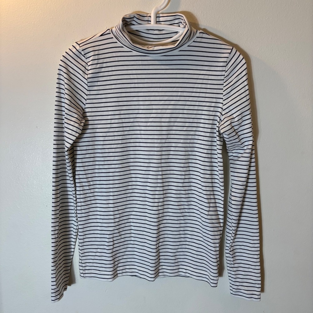 LOFT Turtleneck Striped Top‎ Size XS White Navy Blue NWT